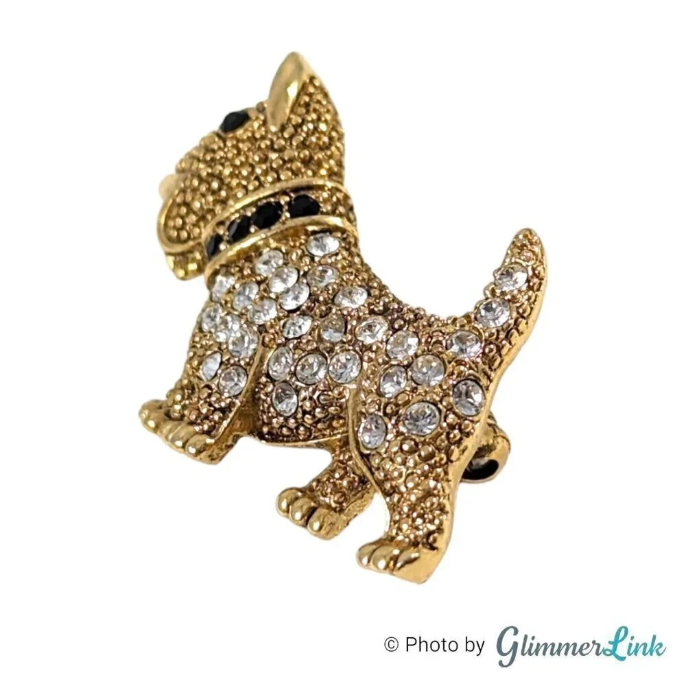 Vintage 1928 Scottish Terrier Clear & Black Pave Rhinestone Gold Tone Brooch Pin